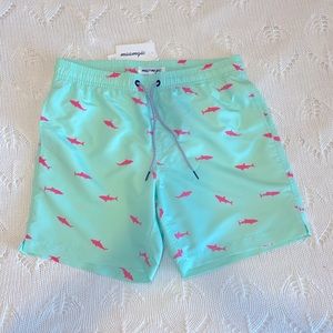 Men’s lined swim trunks, mint green with pink sharks sz L